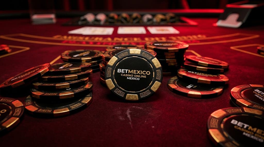 Fichas negras y doradas BETMEXICO CASINO ONLINE MEXICO sobre fieltro rojo