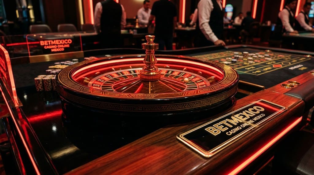 Ruleta iluminada en rojo con placa BETMEXICO CASINO ONLINE MEXICO